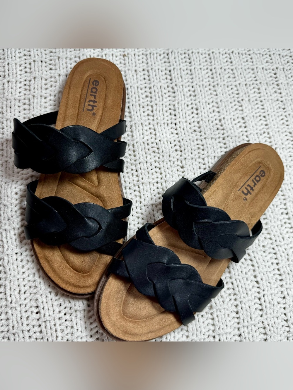 Earth Black Braided Leather Slide Sandals - Women's Slip-On Comfort Size 6.5